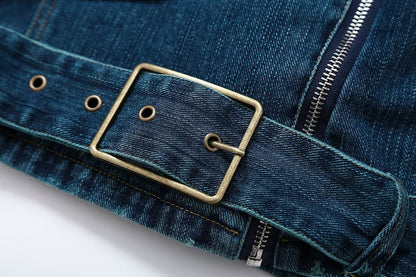 Women's belt decoration denim motorcycle style jacket Coat