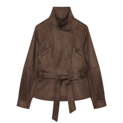 Women's with belt suede short slim jacket Coat