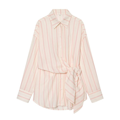 Women's lace up design loose striped shirt