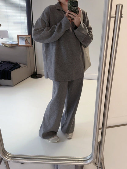 Women's new casual Joker suit Polo neck knitted pullover wide-leg trousers two-piece knitted suit