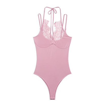 Women's lace patchwork halter neck bodysuit