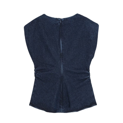 suit Women's 2 pieces bag buckle decorative denim top+high waist wide leg jeans