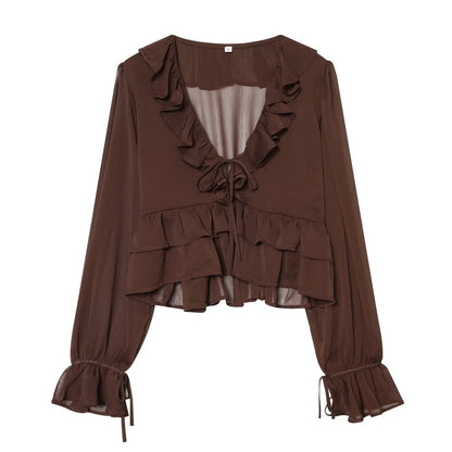 Women's slightly transparent ruffled V-neck top