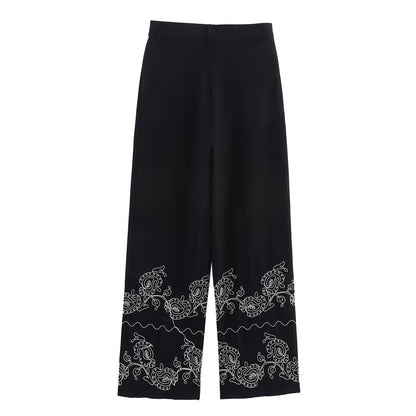 Women's casual embroidered wide leg pants