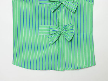 Women's bow decoration striped sleeveless shirt
