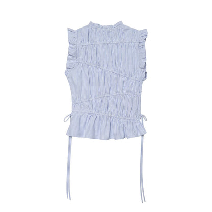 Women's lace up decorative elastic striped top
