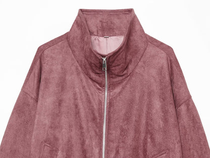 Women's standing collar leather effect pilot jacket Coat