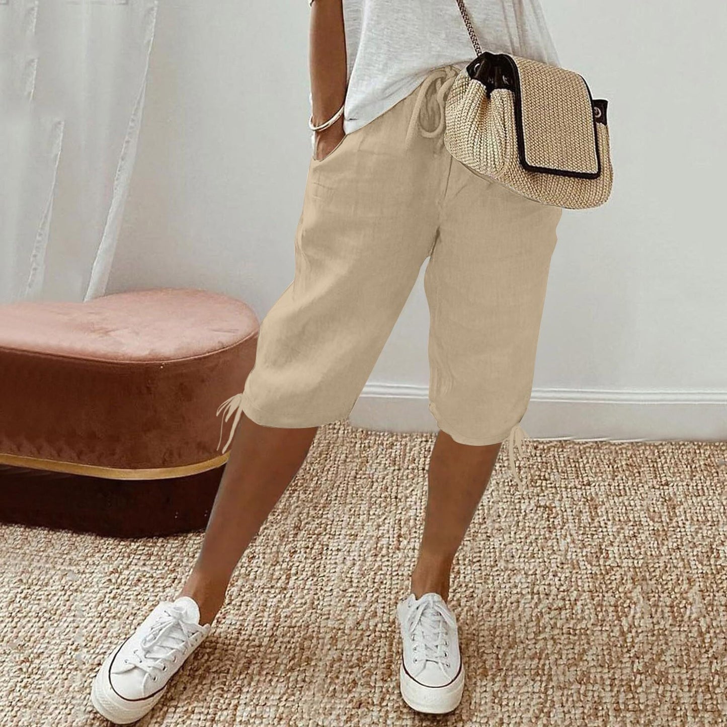 2026 women's new cotton and linen pocket elastic drawstring pants