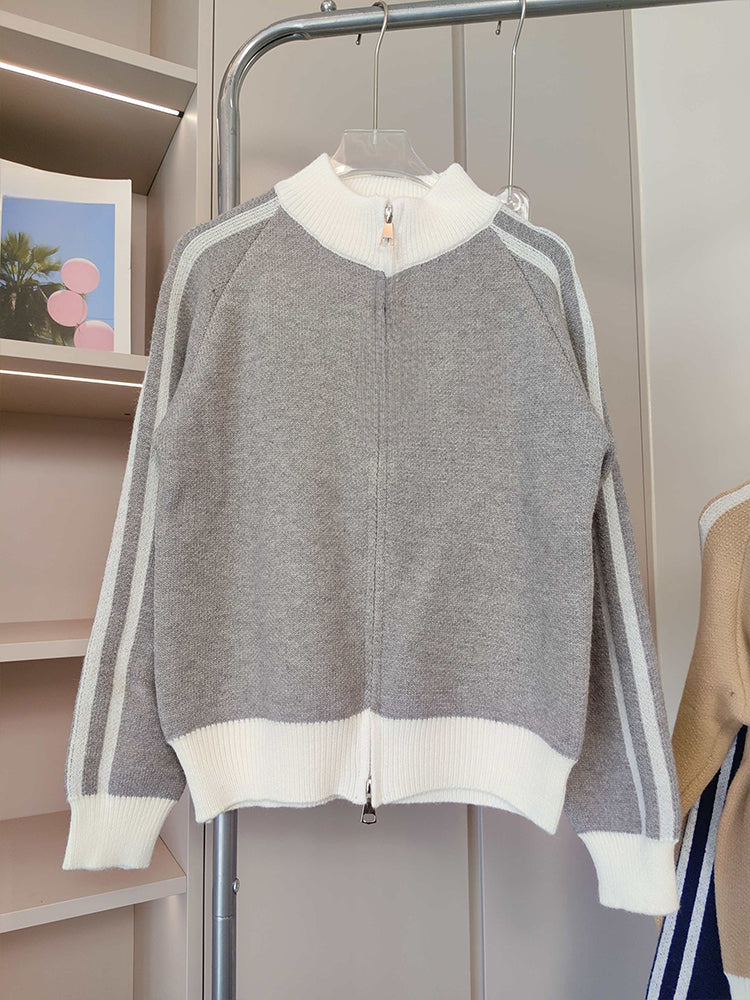 Women's new contrast striped double zipper knit cardigan coat
