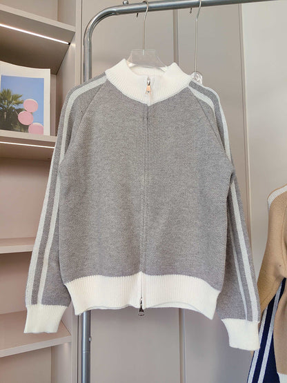 Women's new contrast striped double zipper knit cardigan coat