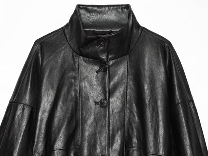 Women's black chimney collar faux leather Coat