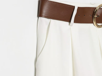 Women's with Belt casual pleated wide leg pants