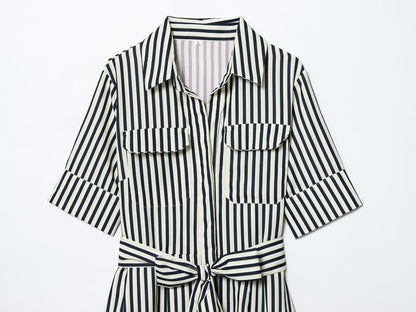Women's with Belt shirt style poplin striped dress