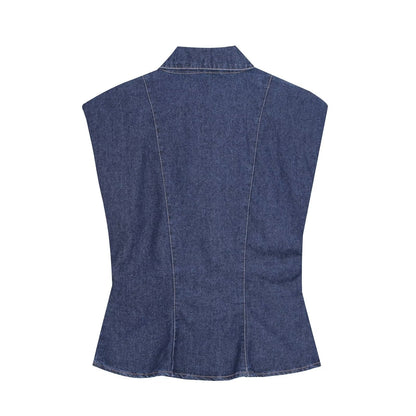 suit Women's 2 pieces pocket decoration sleeveless denim shirt+bucket jeans