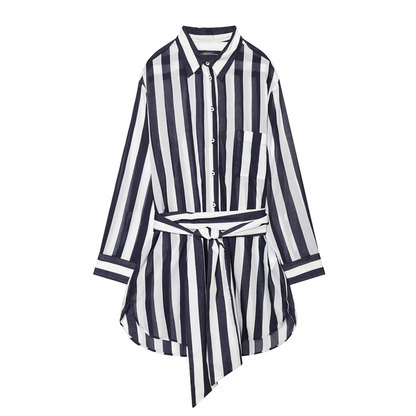 Women's With Belt Long Style Striped Shirt