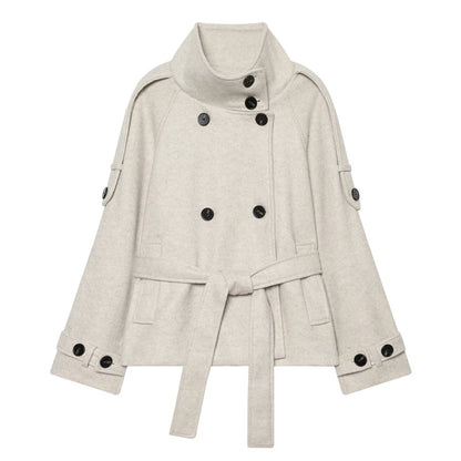 Women's soft textured double breasted stand collar Coat