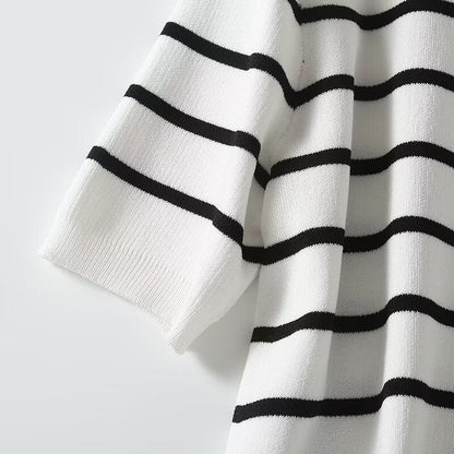 Women's autumn fashion button design short sleeved striped cardigan