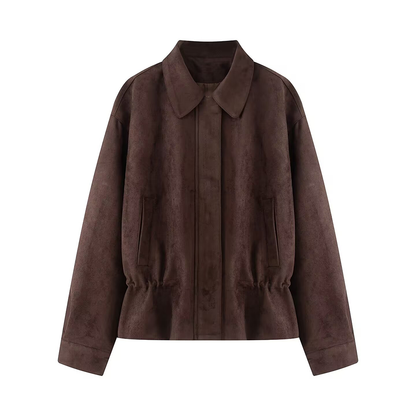 Women's suede textured waist cinched retro jacket