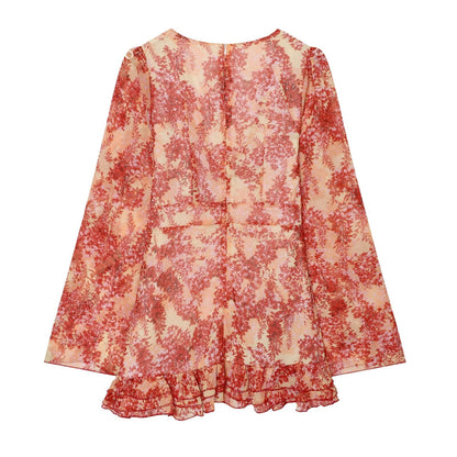 Women's V-neck printed ruffle mini dress