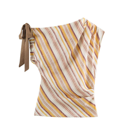suit Women's 2 pieces bow decoration linen blended striped top+Pants