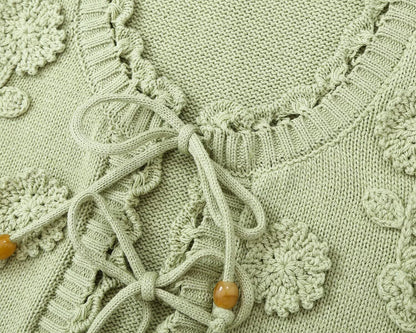 Women's flower decorated U-shaped collar tied knit cardigan