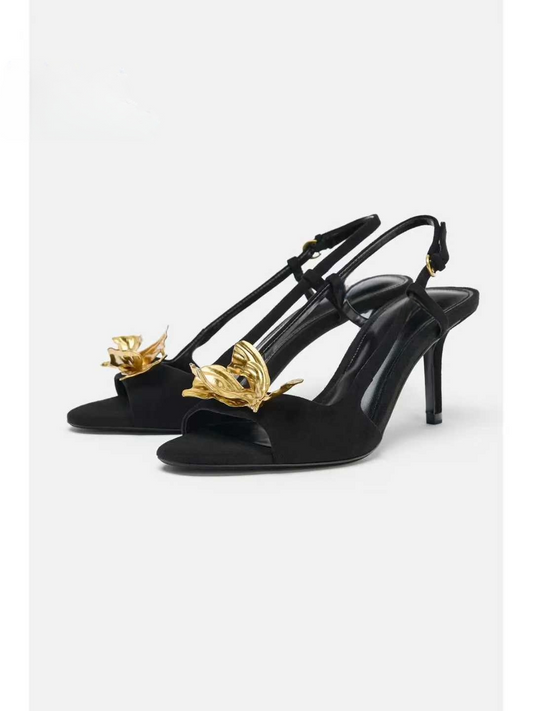 2026 New Women's Shoes: Suede Metallic Embellished Open-Heel Round Toe Stiletto Sandals