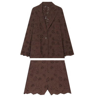 suit Women's 2 pieces with shoulder pads embroidered Blazer Coat+Shorts