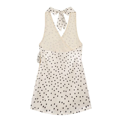 Women's satin textured polka dot halter neck dress