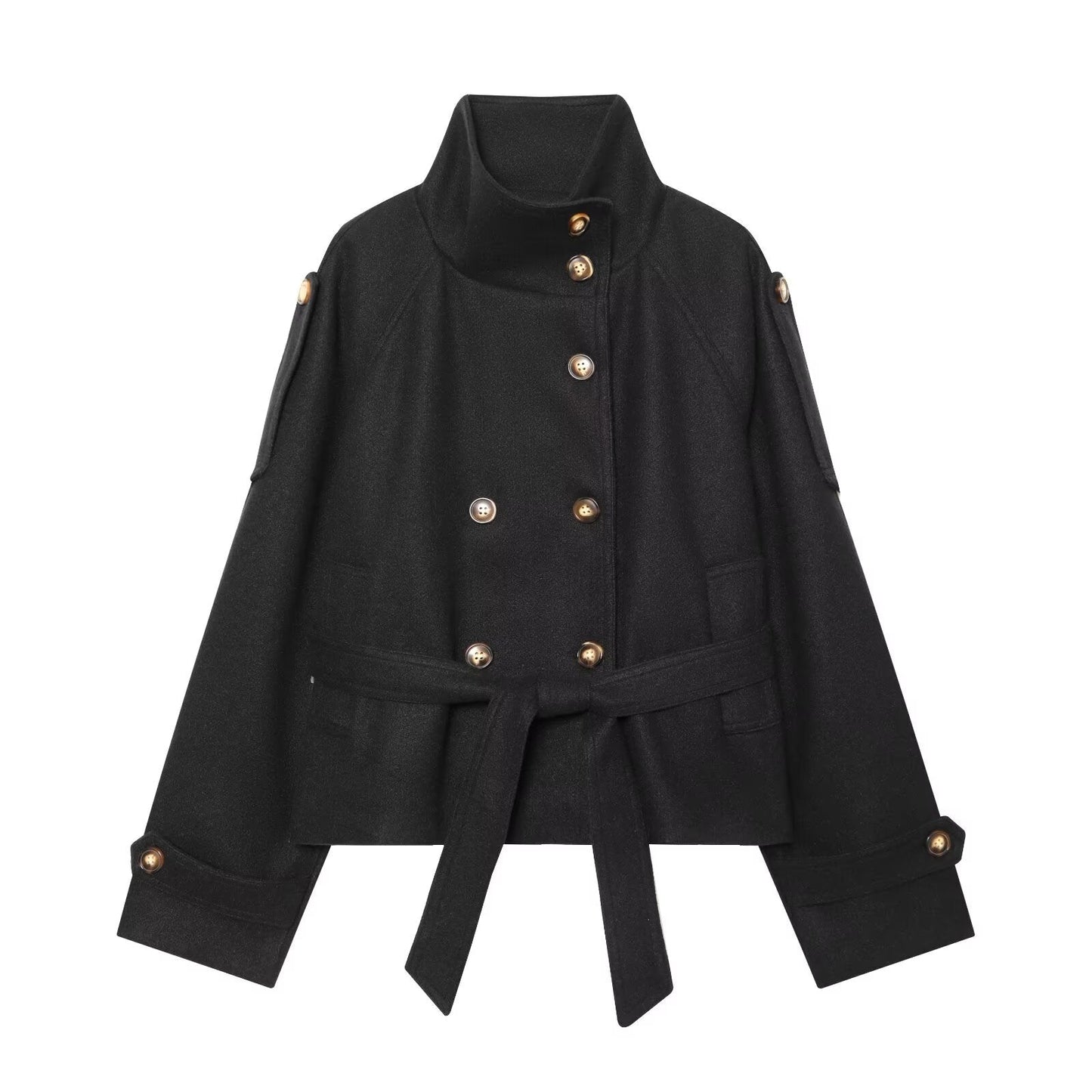 Women's with belt standing collar woolen coat