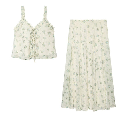 suit Women's 2 pieces chiffon floral A-line MIDI skirt+floral top