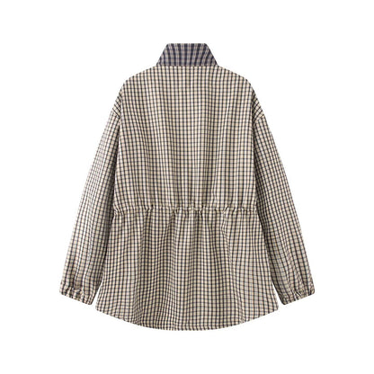 Women's stand collar casual waist cinched plaid Coat