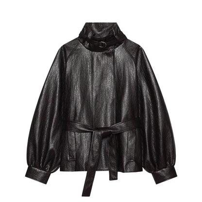 Women's with belt leather effect jacket Coat