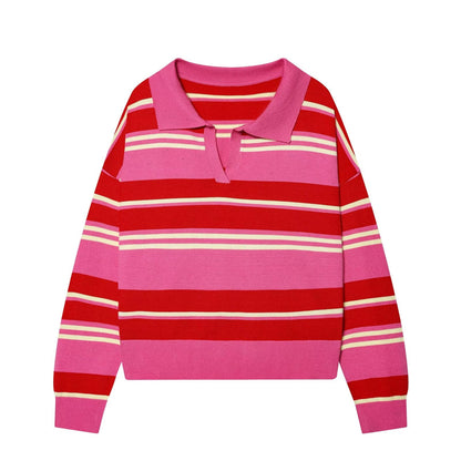 Women's casual striped knitted polo shirt