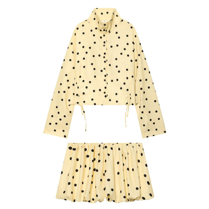 suit Women's 2 pieces short drawstring pleated polka dot Coat+Shorts