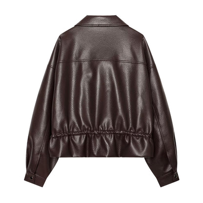 Women's with drawstring casual faux leather jacket