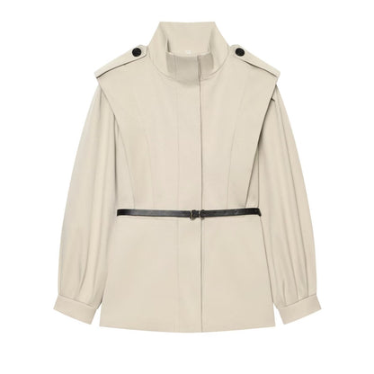 Women's With Belt slim stand collar windbreaker Coat