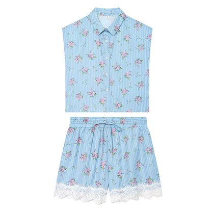 suit Women's 2 pieces striped printed shirt+striped lace shorts