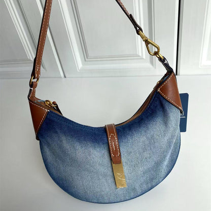 Women's new Joker embroidered denim leather portable daily shoulder bag.