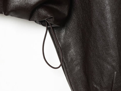 Women's drawstring decorative hooded faux leather Coat