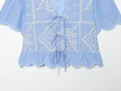 Women's bow decoration hollow embroidery shirt