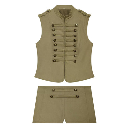 suit Women's 2 pieces button decoration short cotton vest+shorts