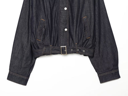 Women's waist belt decoration stand collar denim Coat