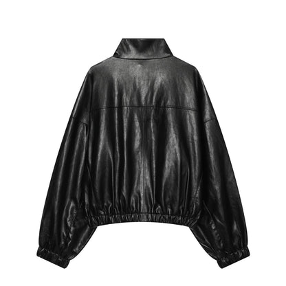Women's black chimney collar faux leather Coat