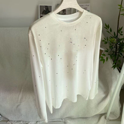 Women's new rhinestone decorated round neck long sleeve T-shirt