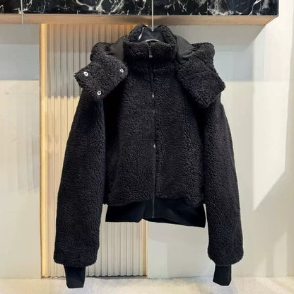 Women's new lambswool hooded short zipper coat