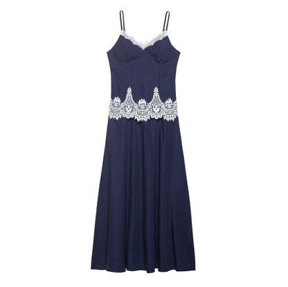 Women's lace patchwork suspender MIDI dress