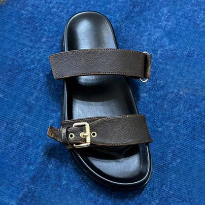 2026 women's new metal buckle design beach slippers have a shoe box