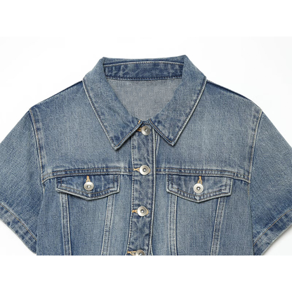 Women's short Lapel asymmetrical denim shirt