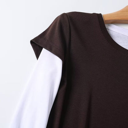 Women's new fashion splicing fake two-piece style long sleeved T-shirt