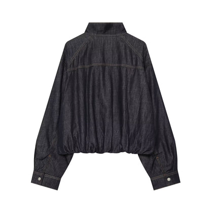 Women's waist belt decoration stand collar denim Coat
